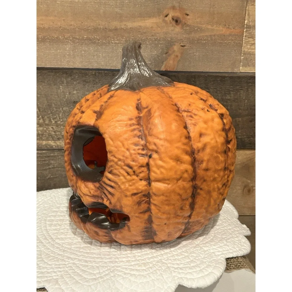 Rotten Flaming Pumpkin Timer LED Halloween‎ Prop Light-Up Jack-O'-Lantern Horror